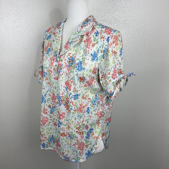 Vintage Just Oscar Blouse Women Large White Pink Floral All Over Print S/S Top - Picture 2 of 13